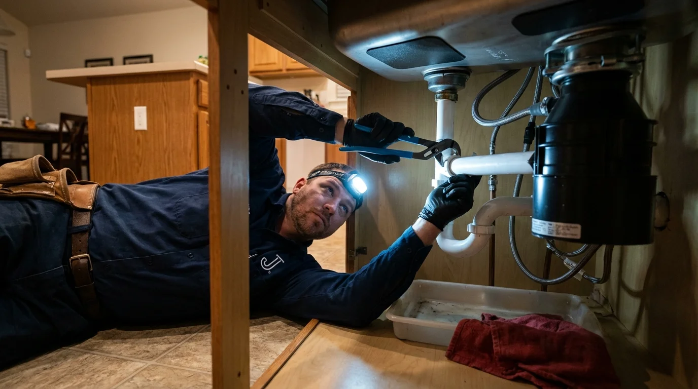 P-trap and supply line connections under a kitchen sink showing a common leak point in Stanardsville, VA